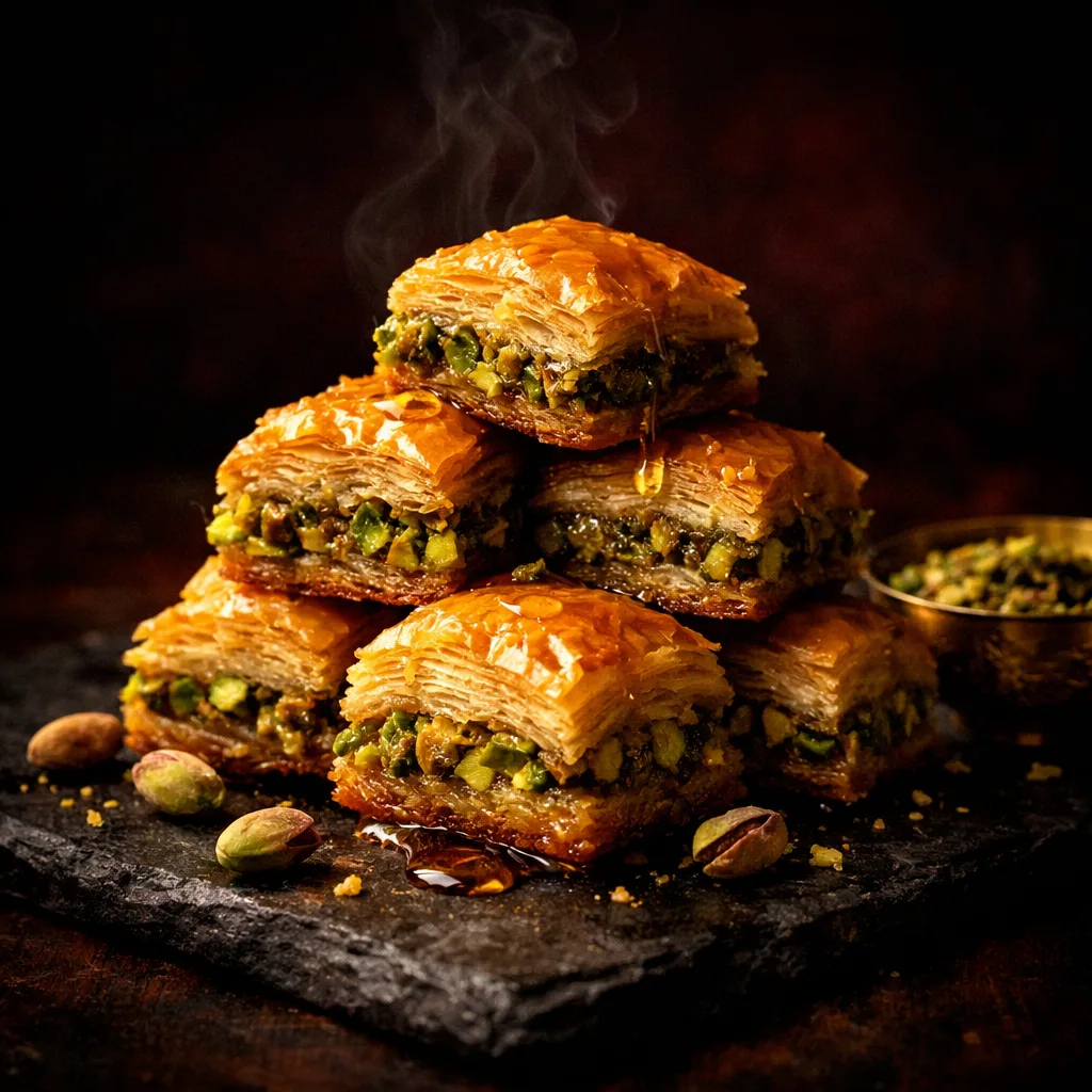 Handgemaakte Arabische baklava met pistache en honing — bestellen bij Memories of Damascus